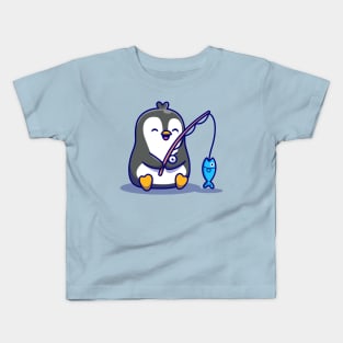 Cute Penguin Fishing Cartoon Kids T-Shirt